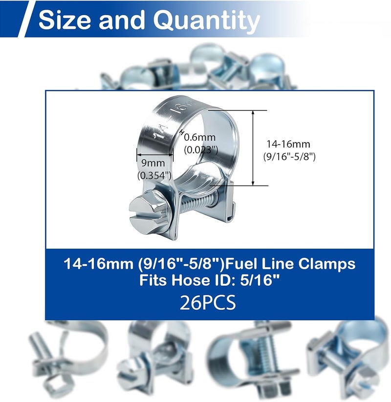 MroMax 26Pcs 3/8" Mini Fuel Line Clamps, 9/16"-5/8" Dia (14-16mm) Fuel Injection Gas Line Hose Clamps, Adjustable Zinc Plated Pipe Hose Clip Tube Clamps for Diesel/Petrol Pipe in Automotive, Truck - Image 3
